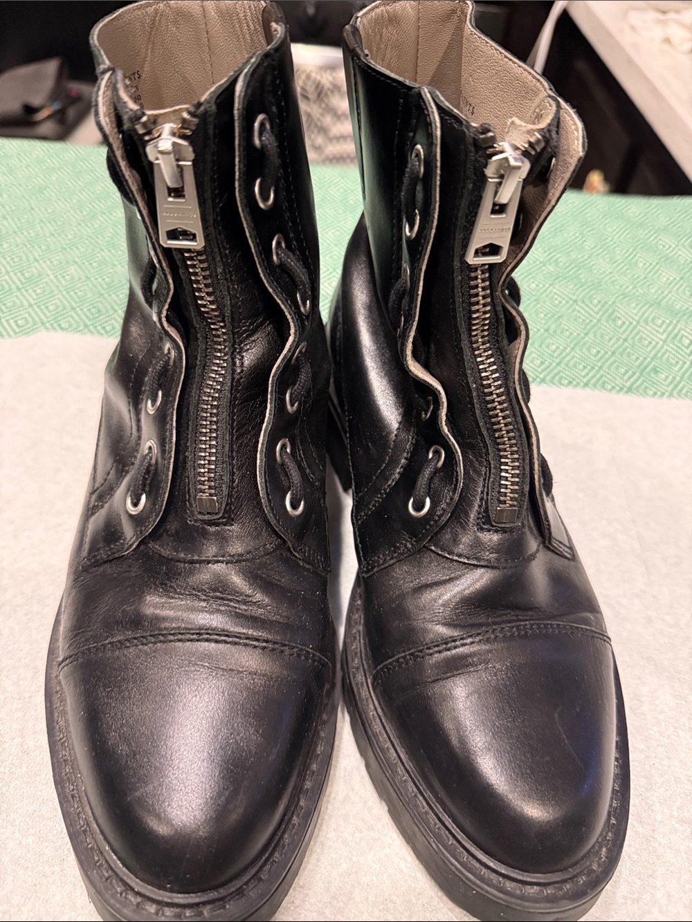 All Saints Black Leather Front-Zip Combat Boots